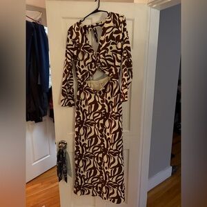 Abercrombie & Fitch Brown and Cream Long Sleeve Twist-Front Maxi Dress